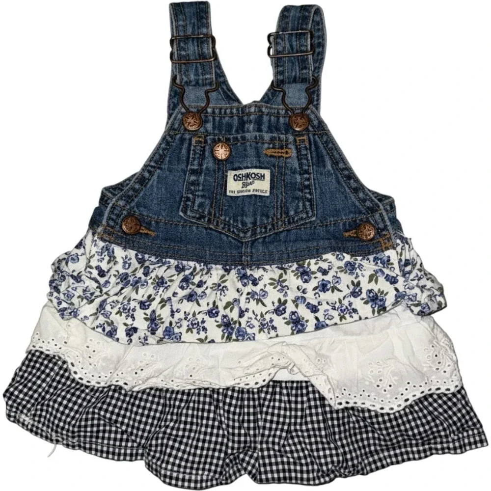OshKosh B'gosh Dress Baby Girl 9M Blue Denim Floral Gingham Ruffle Vestbak
